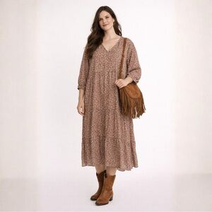 Women's Tan Mauve Printed Tiered Ruffle Maxi Dress - V-Neck Long Sleeve